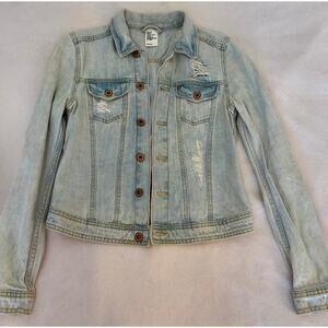&DENIM DISTRESSED LIGHT WASH DENIM JEAN JACKET CLASSIC WOMENS SIZE 8.